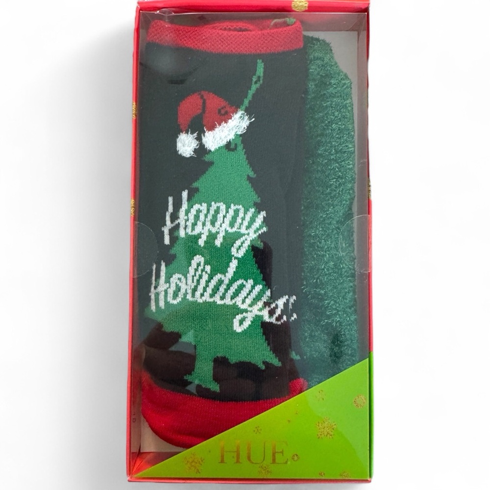 HUE Womens Footsie Gift Box Set One Size Fits Most Fuzzy Christmas Socks 2 Pairs